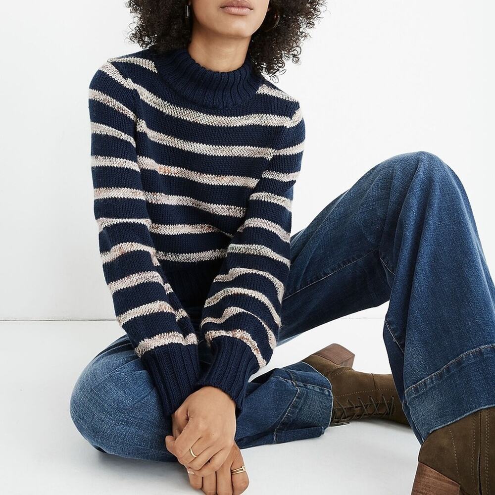 Madewell Navy Blue Striped Metcalf Wool Mockneck Sweater Size XS